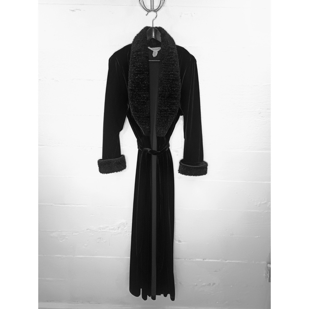 Diamond Tea Womens Long Black Velour Robe Glitter Trim Vintage Lounge Small